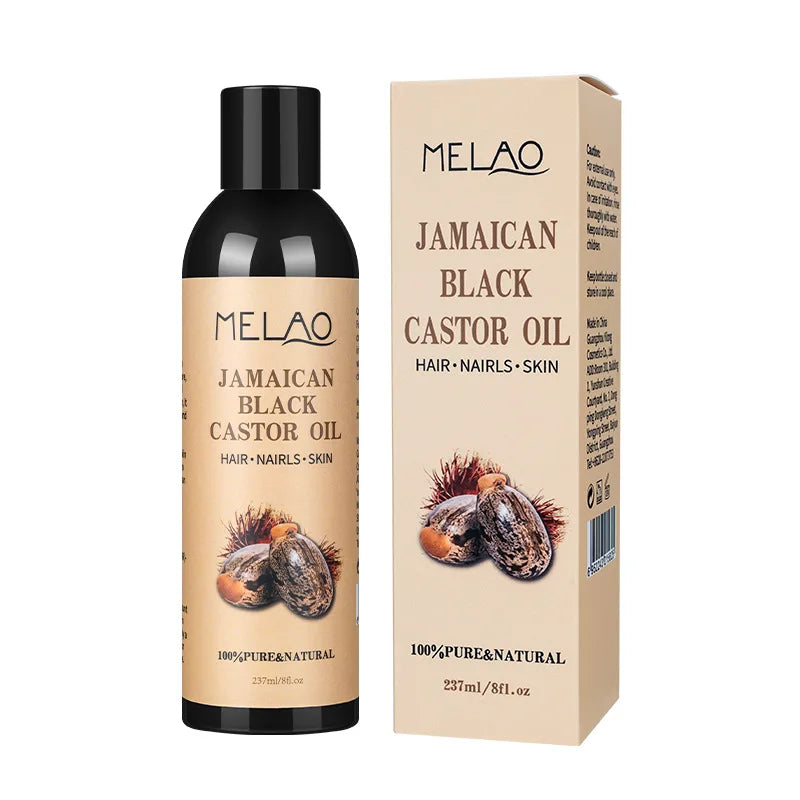 Melao Jamaican Black Castor Oil bottle and box, black bottle, beige label, 237ml on Tampa Home & Garden Store