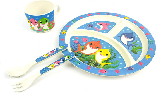 🦈 Shark Family 4-Piece Kids Dinnerware Set – Eco-Friendly, Biodegradable, BPA-Free Plant Fiber Tableware with Plate, Cup, Fork & Spoon – Microwave & Dishwasher Safe – Gift-Boxed for Holidays & Birthdays - Tampa Home & Garden Store