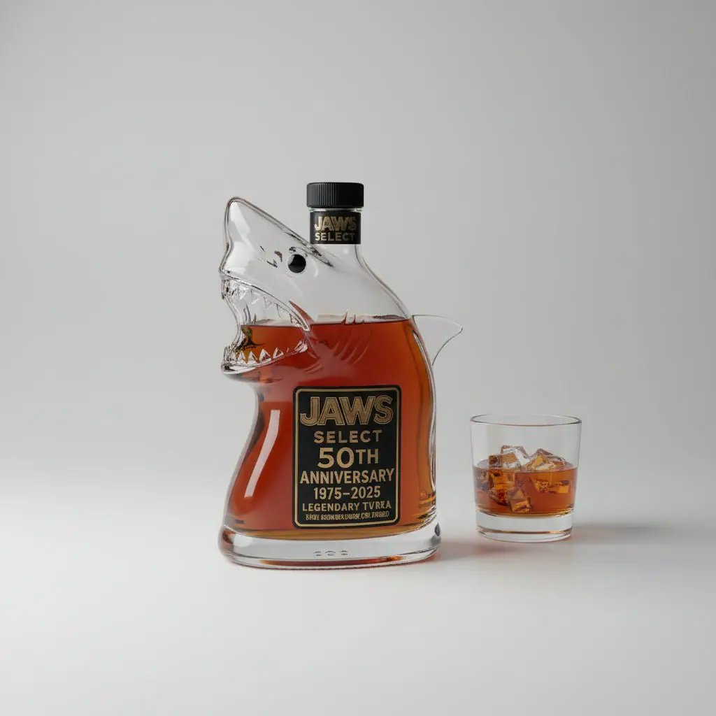 Shark head glass whiskey decanter with amber liquor and a matching glass, Jaws Select label on Tampa Home & Garden Store