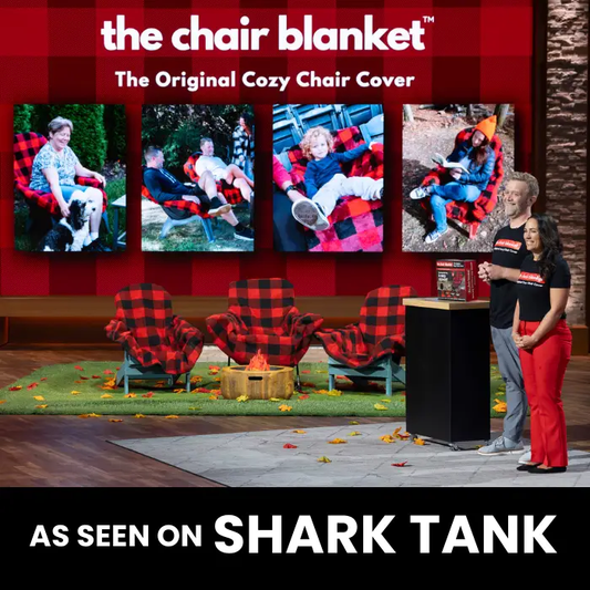 City Bonfires red plaid chair blanket covers four outdoor chairs around a fire pit on stage on Tampa Home & Garden Store