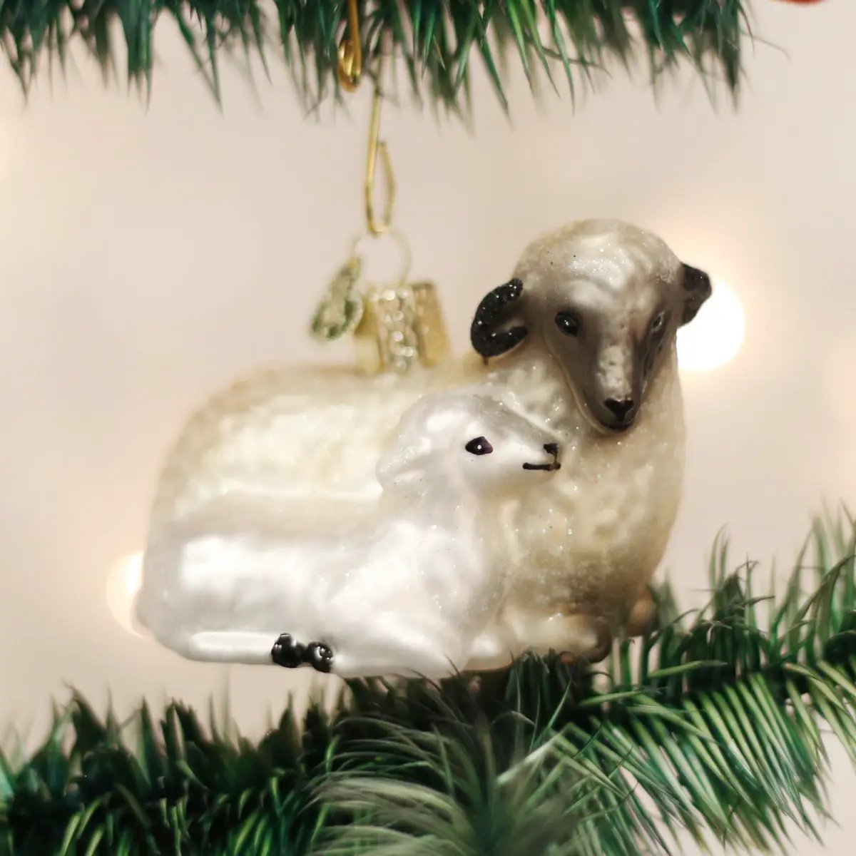 Sheep and Lamb Glass Blown Ornament by The Country Christmas Loft, white with black-faced ram on Tampa Home & Garden Store