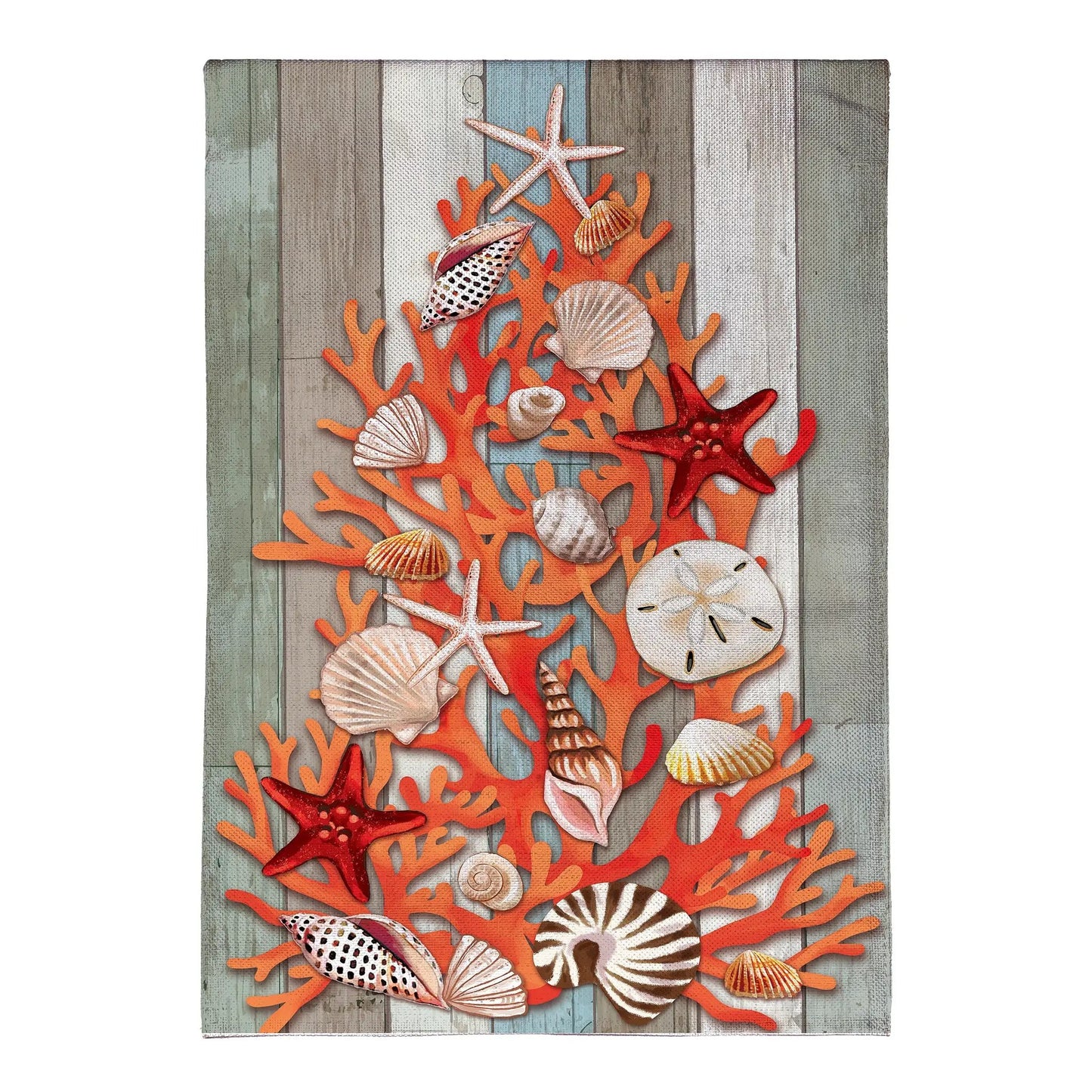 Shell Christmas Tree Burlap Garden Flag with seashells and orange coral on weathered wood on Tampa Home & Garden Store