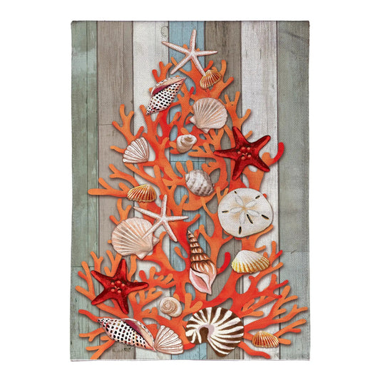Shell Christmas Tree Burlap Garden Flag with seashells and orange coral on weathered wood on Tampa Home & Garden Store