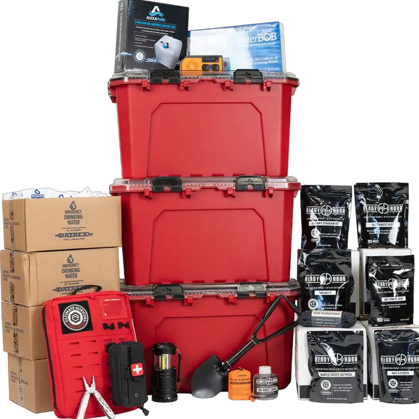 2 Week Shelter In Place Kit for Home Resilience by Emerge Survival, red storage totes with water boxes on Tampa Home & Garden Store