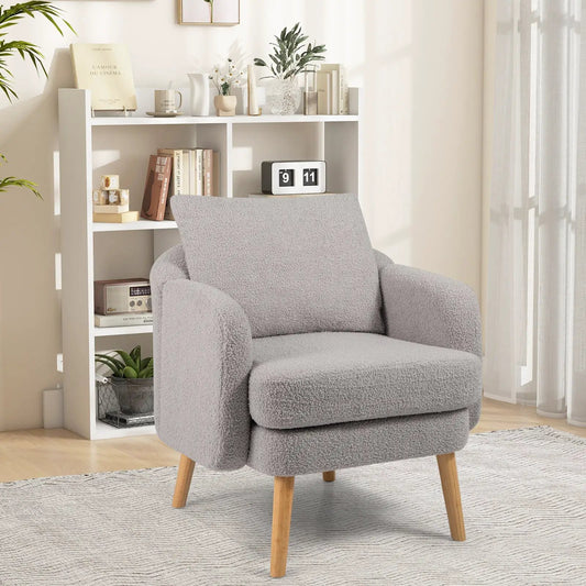 DirectDeals Sherpa Accent Chair, plush cushion, gray fabric, wood legs on Tampa Home & Garden Store