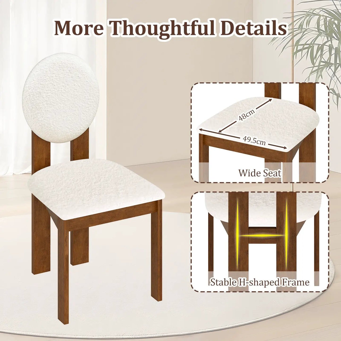 Sherpa Dining Chairs Set of 2 with rubber wood legs, white upholstery for kitchen & dining on Tampa Home & Garden Store