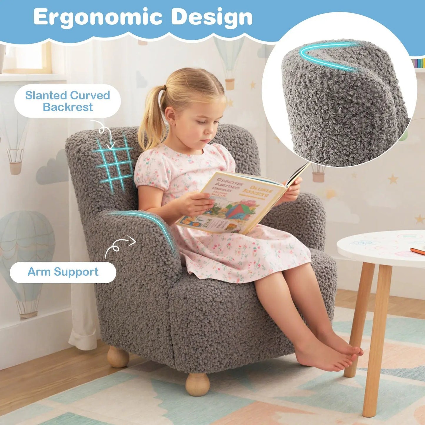 Sherpa Kids Sofa Toddler Armchair with Wood Legs, plush gray Sherpa upholstery on Tampa Home & Garden Store