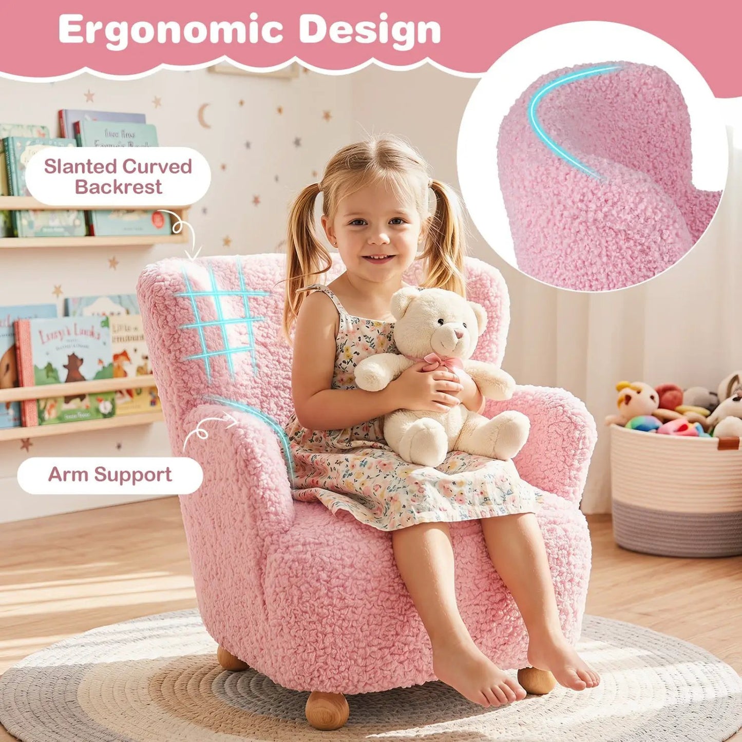Kids Sherpa Armchair in Pink with Solid Wood Legs