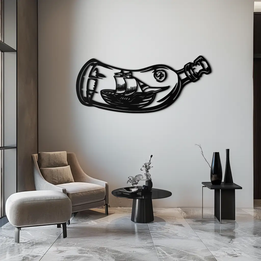Ship in a Bottle Metal Wall Art by Enova Art, black nautical silhouette in modern metal design on Tampa Home & Garden Store