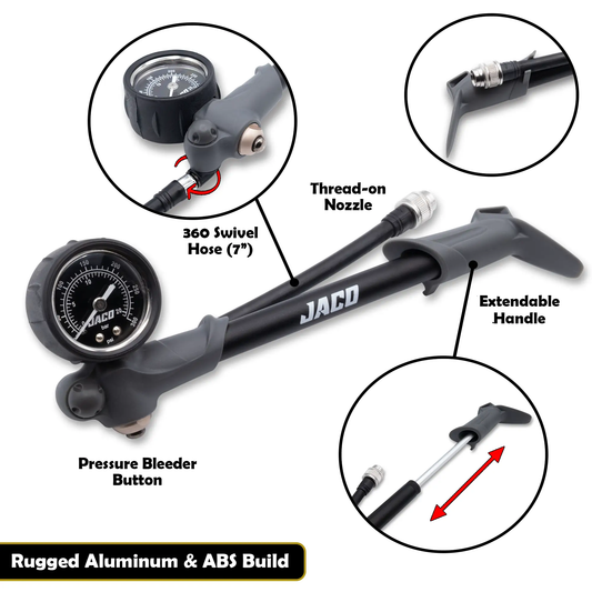 Mountain Bike Shock Pump with Gauge 300 PSI by JACO, gray body on Tampa Home & Garden Store