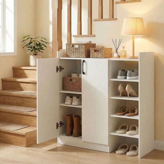 Shoe cabinet 2 doors with adjustable inner shelves, white, organized shoe storage with baskets on Tampa Home & Garden Store