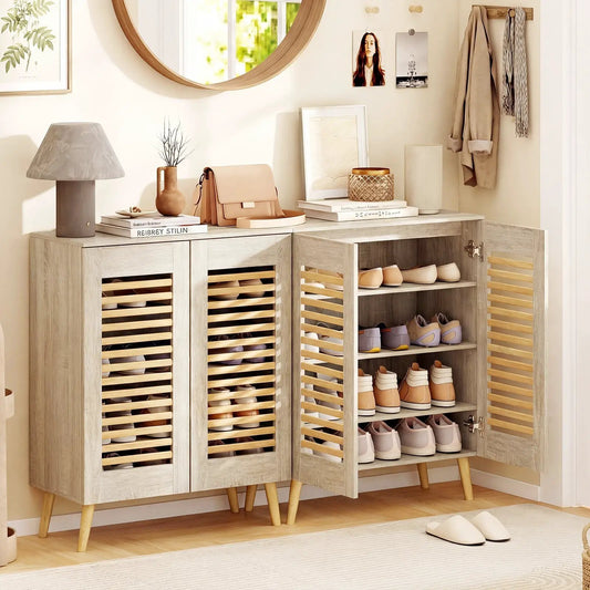 Shoe cabinet with louvered doors and shelves in light wood for organized footwear storage on Tampa Home & Garden Store