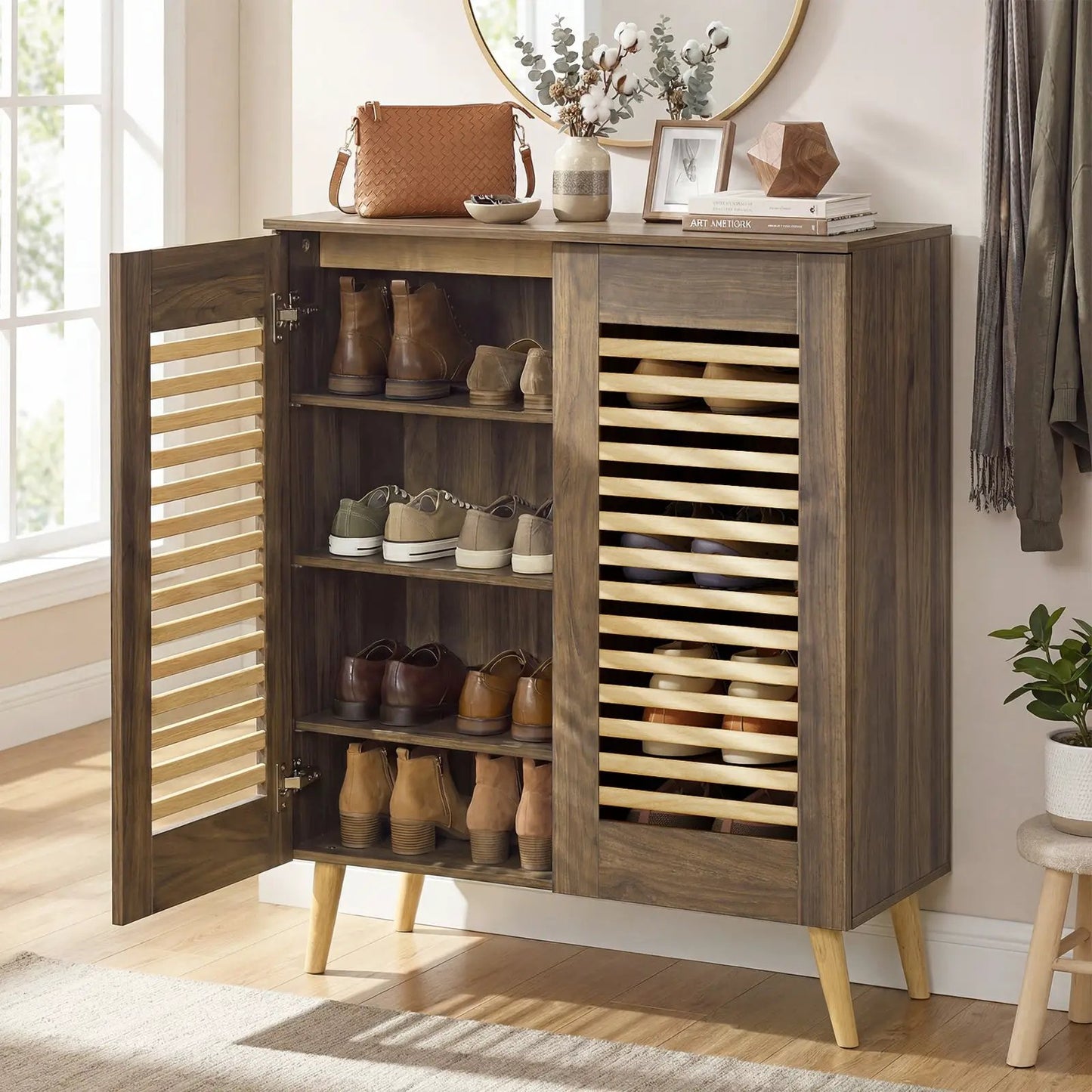 DirectDeals shoe cabinet with dark wood finish, louvered doors and removable shelves on Tampa Home & Garden Store
