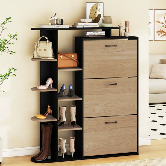 DirectDeals shoe cabinet with open shelves and 3 flip drawers, black frame with drawers on Tampa Home & Garden Store