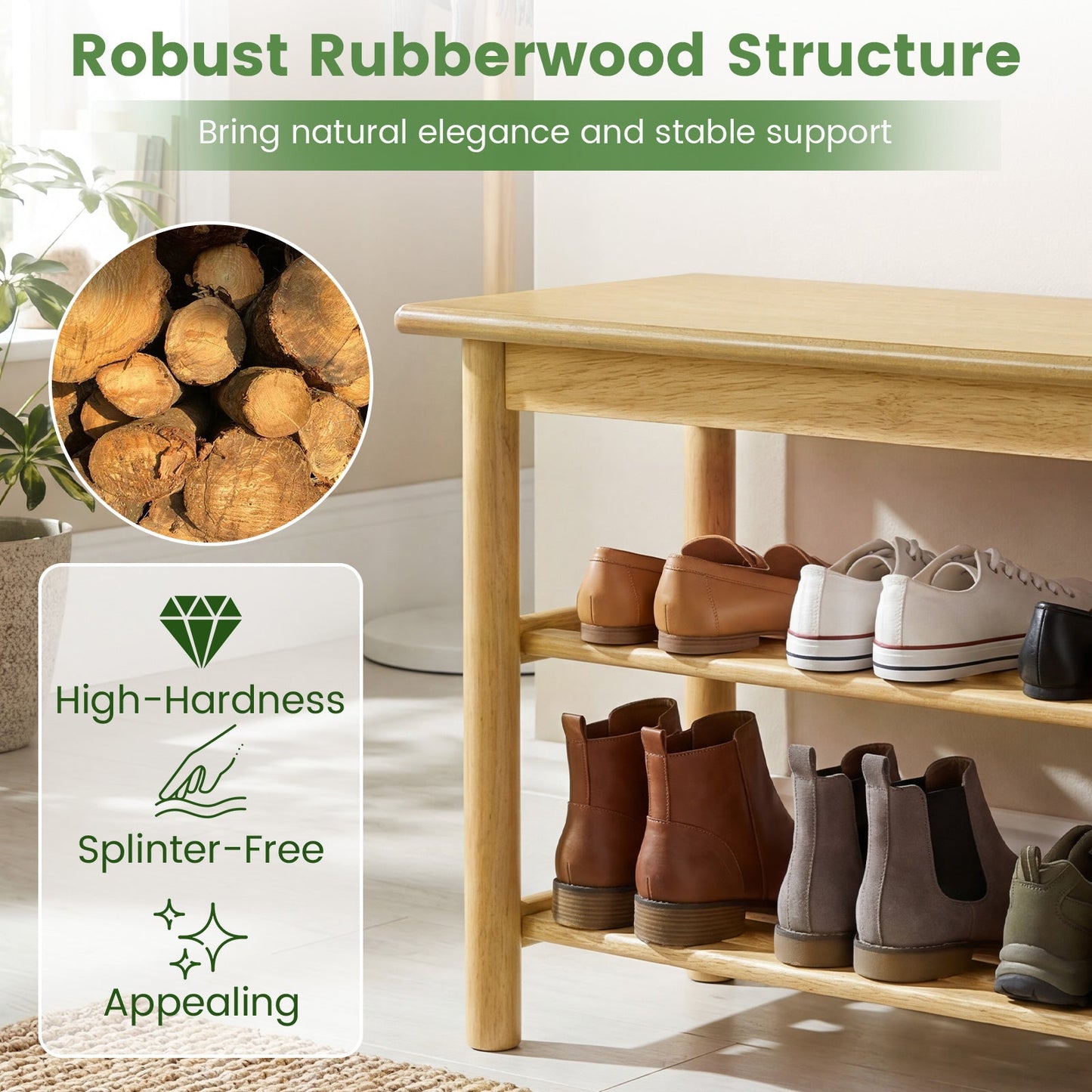3 Tier Rubberwood Shoe Rack Bench Natural with shoes displayed on wooden shelves on Tampa Home & Garden Store