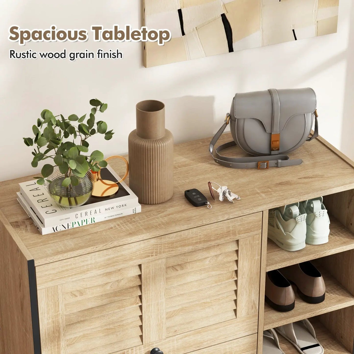 Shoe Rack Organizer Oak with flip-up doors and slatted panels for multiple shoes on Tampa Home & Garden Store