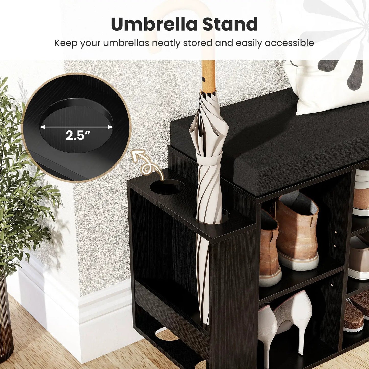 Shoe storage bench with umbrella stand, 10 cubbies in black wood finish, DirectDeals on Tampa Home & Garden Store