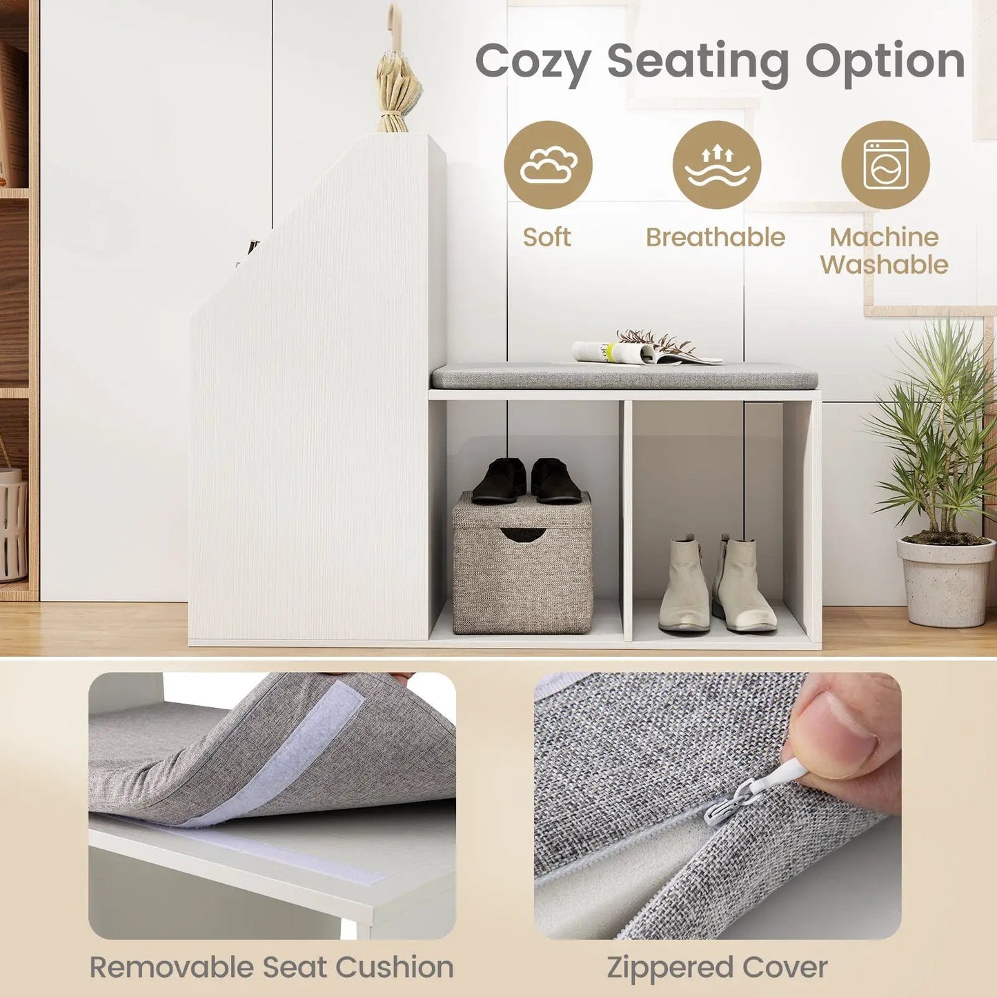 White shoe storage bench with 6 open compartments and removable gray seat cushion on Tampa Home & Garden Store