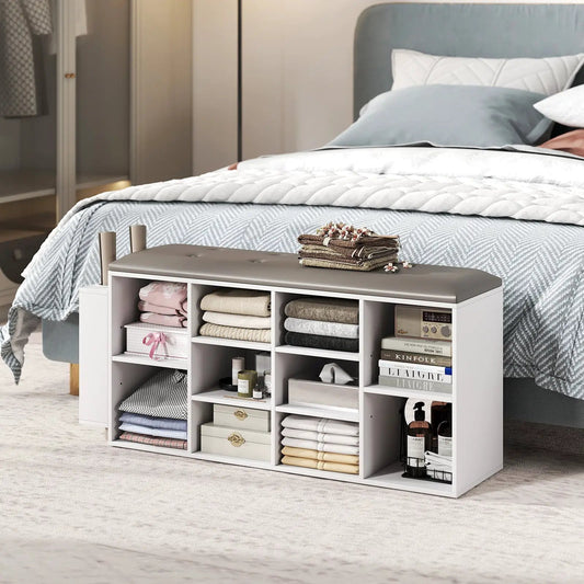 DirectDeals Shoe Storage Bench with Umbrella Stand, white-gray finish, cubby shelves on Tampa Home & Garden Store