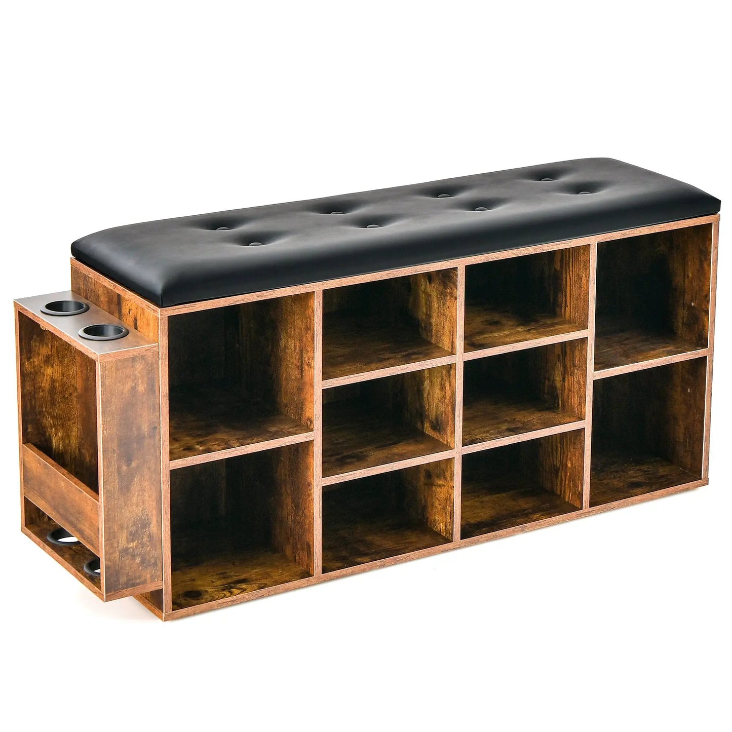 DirectDeals shoe storage bench with umbrella stand, dark wood cubbies and black tufted top on Tampa Home & Garden Store