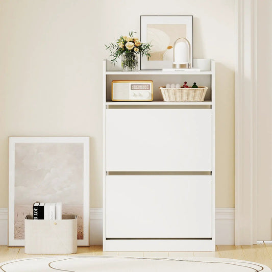 White Shoe Storage Cabinet With Hidden Drawers; top shelf with vintage radio, roses, framed art on Tampa Home & Garden Store