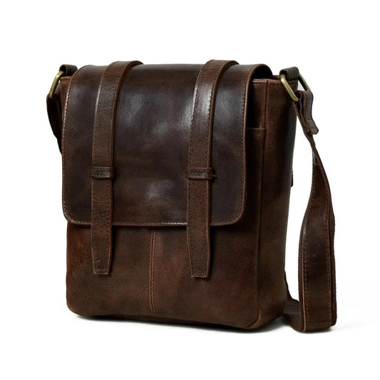 Buffalo Leather Shoulder Messenger Bag, brown leather, brass hardware, crossbody strap on Tampa Home & Garden Store