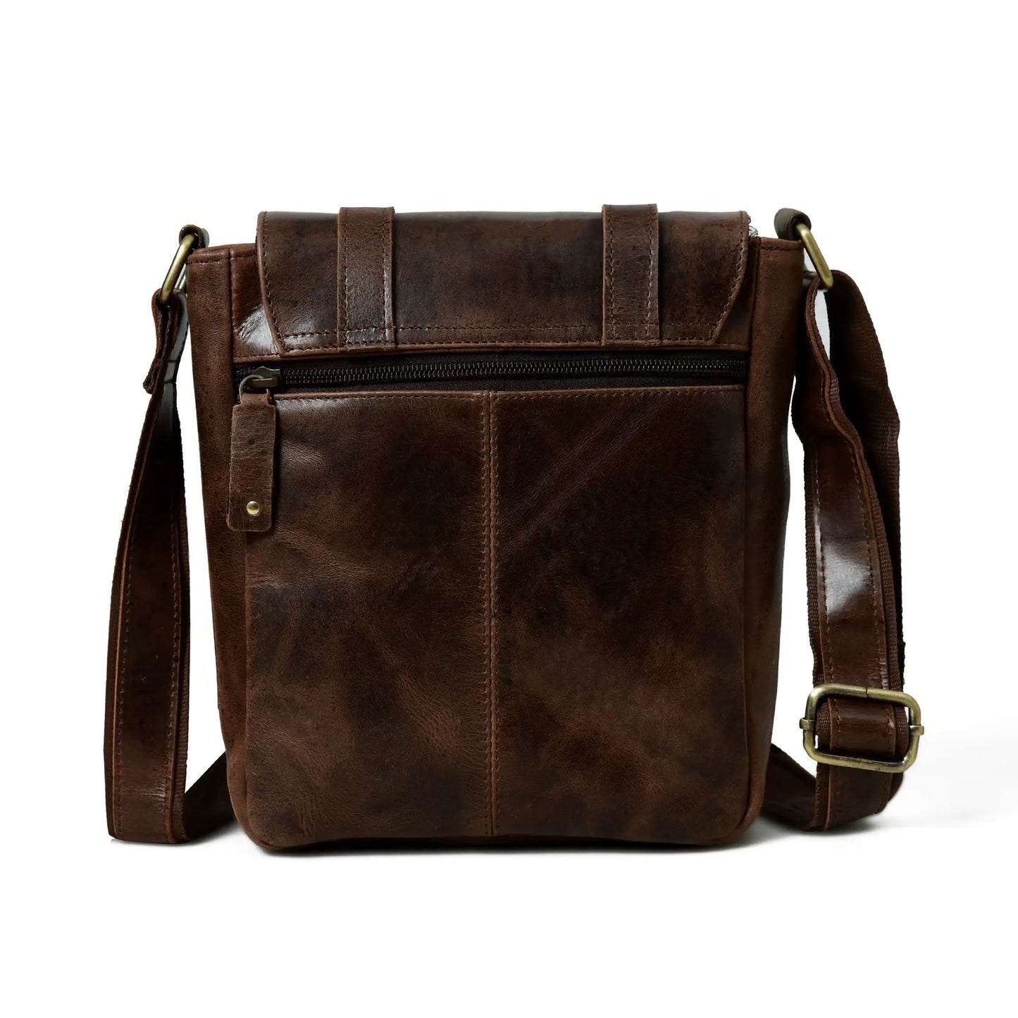 Buffalo Leather Shoulder Messenger Bag brown distressed leather crossbody with front zip on Tampa Home & Garden Store