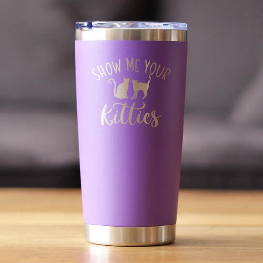 Show Me Your Kitties 20 oz coffee tumbler in purple with gold foil lettering on Tampa Home & Garden Store