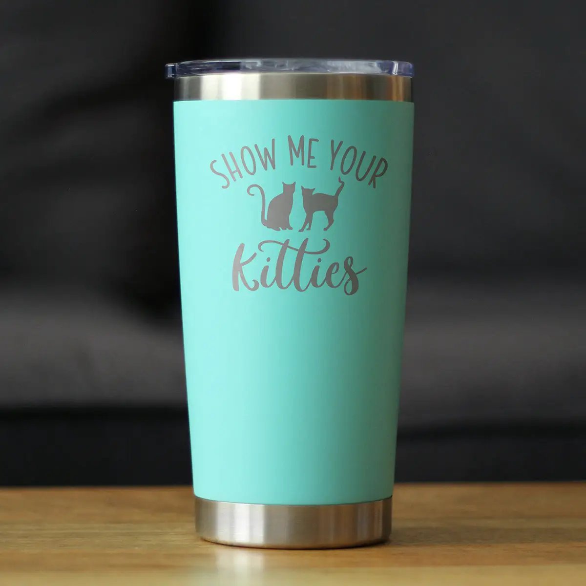Show Me Your Kitties 20 oz tumbler in turquoise with cat silhouettes on Tampa Home & Garden Store