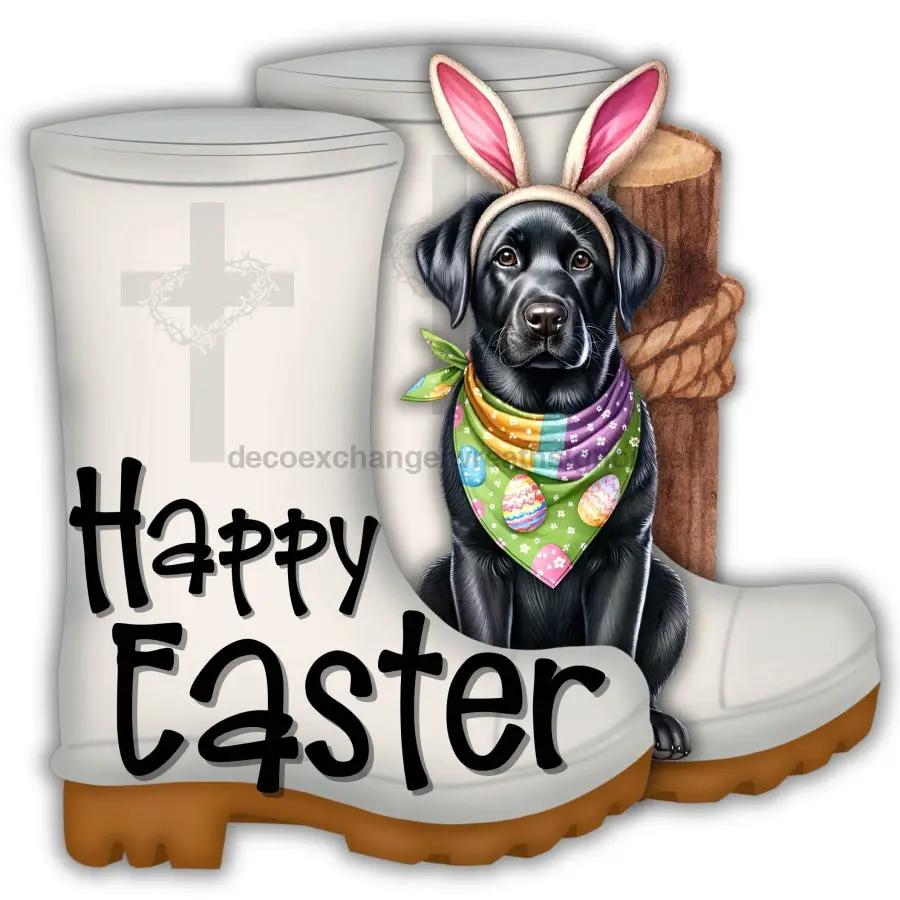 Shrimp Boots Easter Door Hanger wood sign by DecoExchange with black dog in bunny ears on boot on Tampa Home & Garden Store