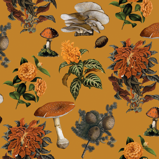 Shrooms Wallpaper gold and marigold with mushrooms, orange blooms, and green leaves on Tampa Home & Garden Store