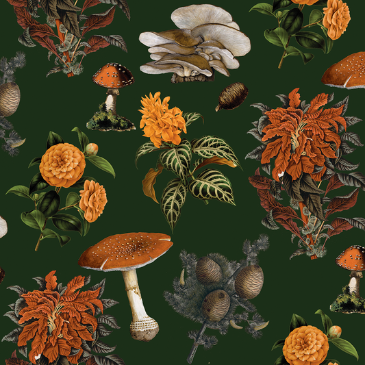 Shrooms wallpaper green and orange design with mushrooms and foliage on green background on Tampa Home & Garden Store