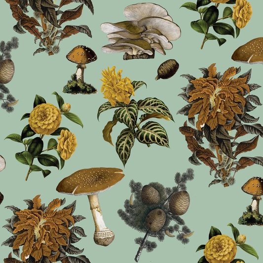 Shrooms Vintage Wallpaper mint mustard botanical print with mushrooms by Samantha Santana on Tampa Home & Garden Store