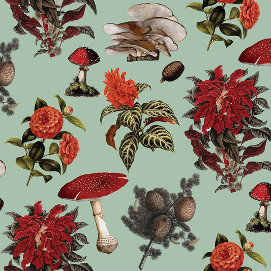 Shrooms wallpaper mint green collage red mushrooms and orange blooms Samantha Santana Creative on Tampa Home & Garden Store