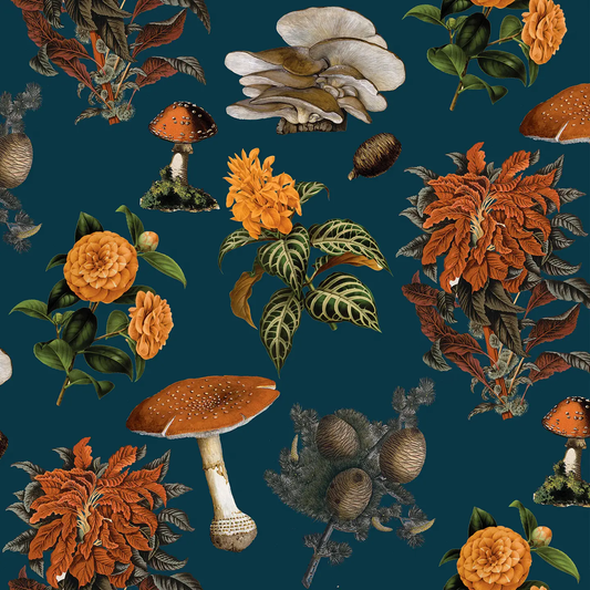 Shrooms Wallpaper Navy pattern with orange mushrooms and green leaves on navy background on Tampa Home & Garden Store