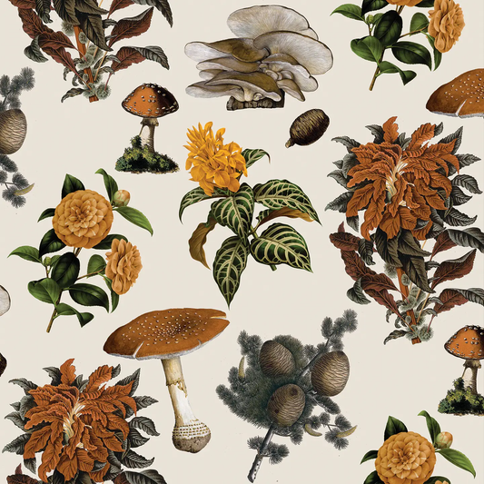 Shrooms Wallpaper off white and marigold botanical motif by Samantha Santana Creative on Tampa Home & Garden Store