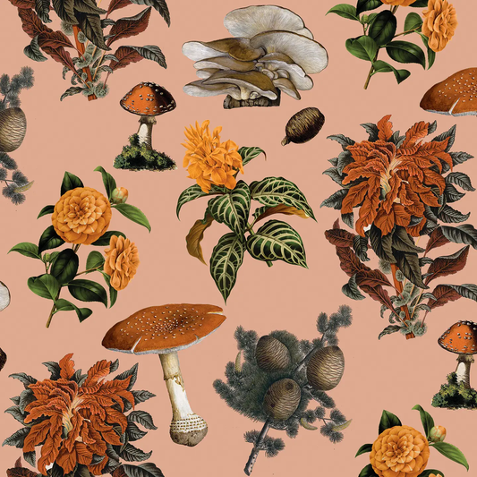 Shrooms Wallpaper peach marigold motif with orange mushrooms and yellow blooms on peach on Tampa Home & Garden Store