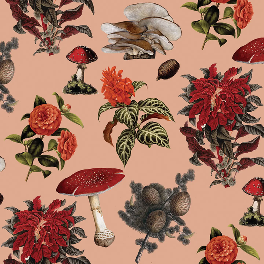 Shrooms wallpaper peach background with red mushrooms and bold red florals on Tampa Home & Garden Store