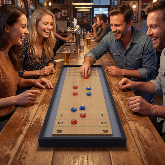 Shuffleboard and Curling 2 in 1 Board Game, wooden surface with red and blue pucks on Tampa Home & Garden Store
