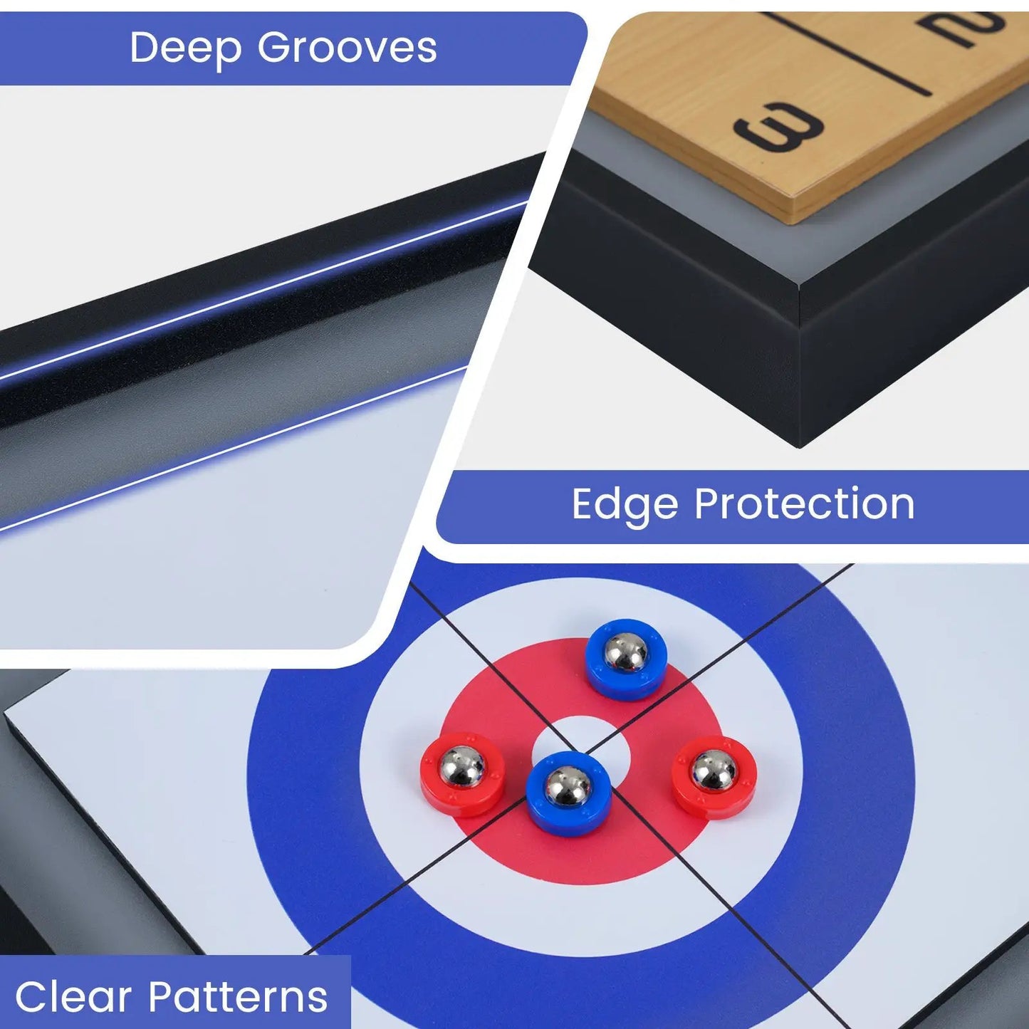 Shuffleboard and Curling 2 in 1 Game with blue and red discs on curling target, edge guard frame on Tampa Home & Garden Store