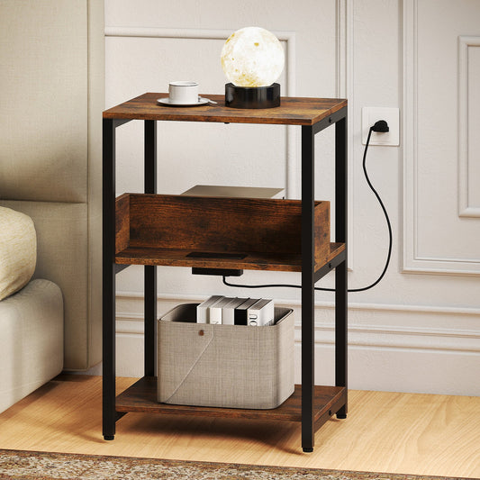 Side End Table with Charging Station and Open Shelves-Rustic Brown - Tampa Home & Garden Store