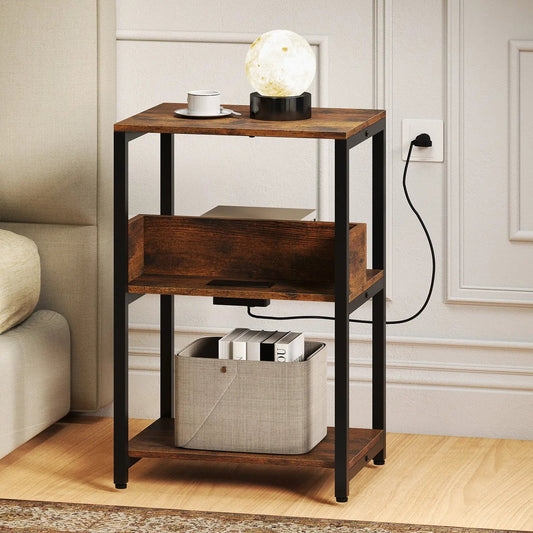 Side End Table with Charging Station, wood top and black frame with open shelves on Tampa Home & Garden Store