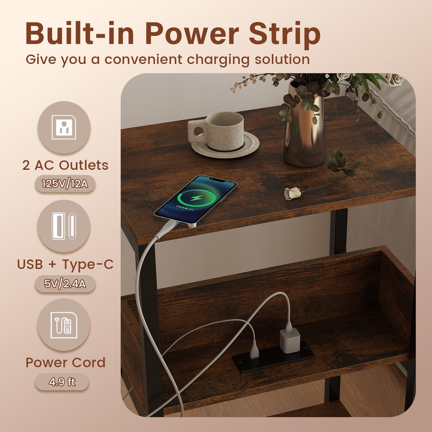 DirectDeals Side End Table with Charging Station rustic brown wood open shelves on Tampa Home & Garden Store