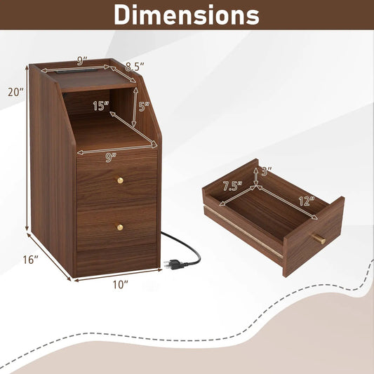 Side End Table with Charging Station and 2 drawers in dark wood finish DirectDeals on Tampa Home & Garden Store