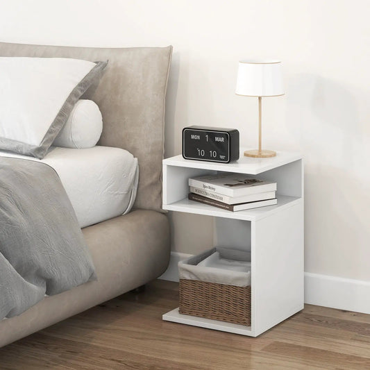 White S-Shaped two-tier side table beside bed with lamp and clock on top on Tampa Home & Garden Store