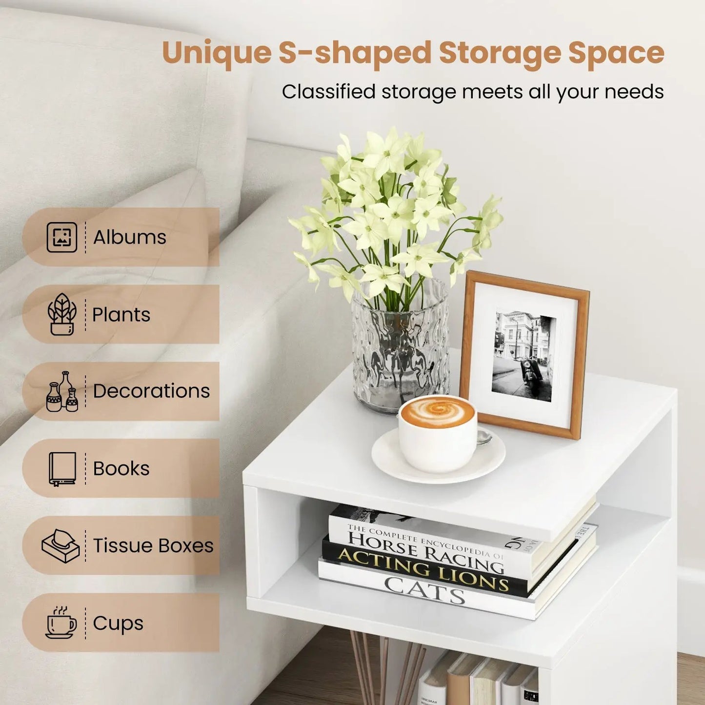 S-Shaped Side Table with unique frame, white finish and open shelf with books on Tampa Home & Garden Store