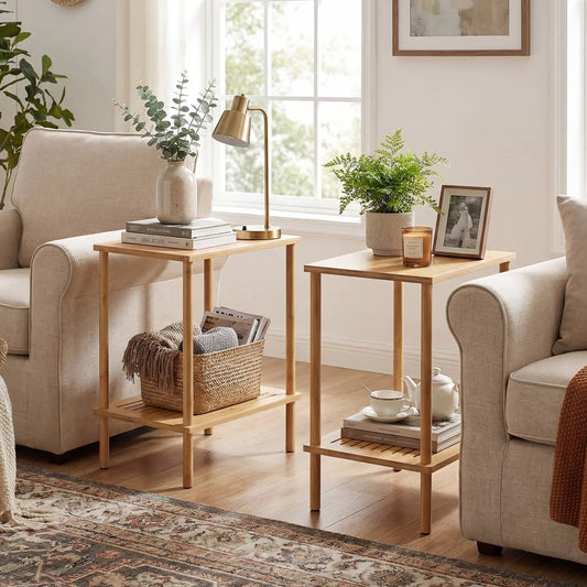 Bamboo side tables set of 2 with two-tier storage shelves in natural finish, shown with plants and a brass lamp in a bright living room on Tampa Home & Garden Store