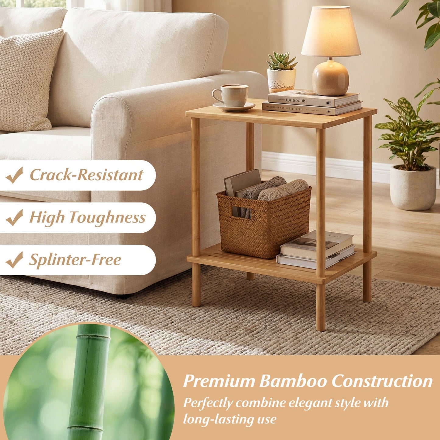 Bamboo side table set of 2 with storage shelves, natural finish on Tampa Home & Garden Store