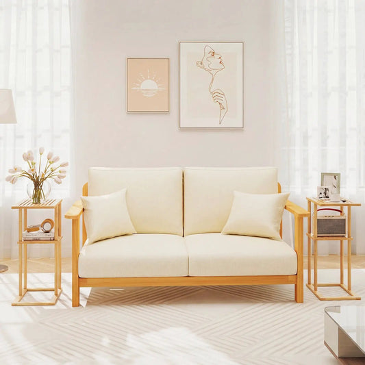 Bamboo side tables set of 2 with storage shelves in natural finish beside sofa DirectDeals on Tampa Home & Garden Store