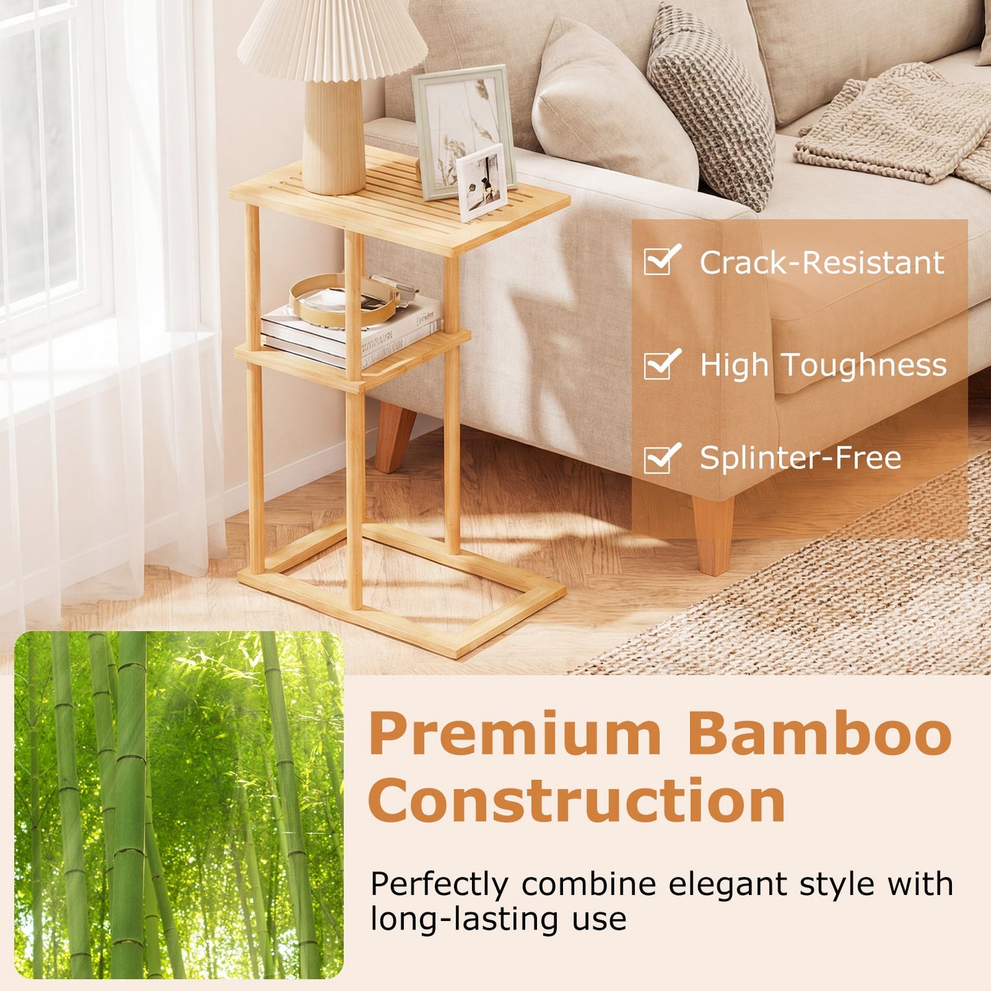 Bamboo side table set of 2 with natural finish and two-tier storage shelves beside a beige sofa on Tampa Home & Garden Store